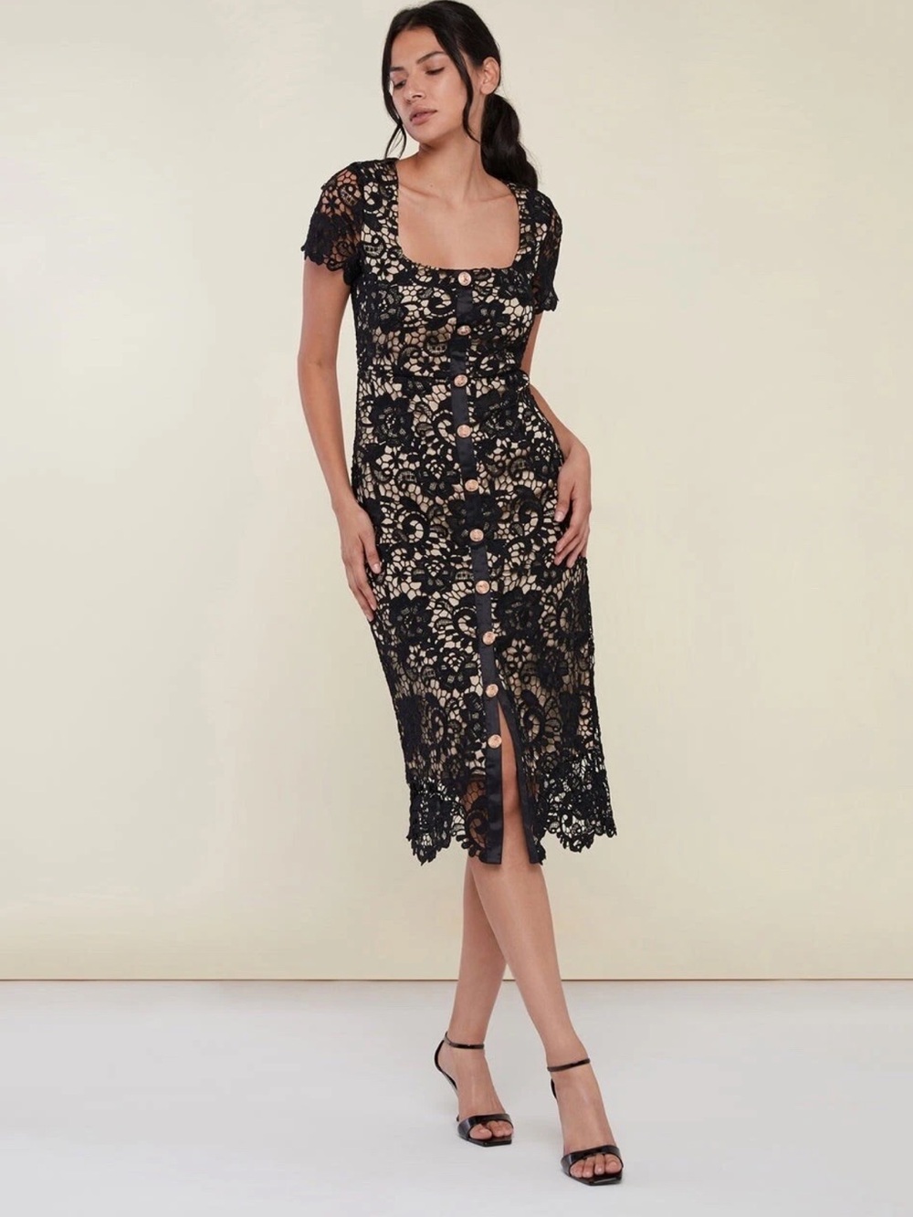 Rachel Parcell Black Lace Button-Front Midi Dress